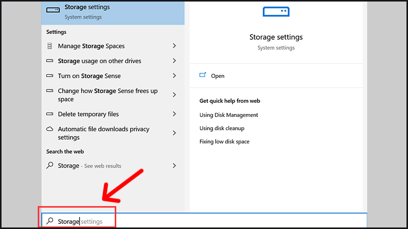 Vào search box gõ chọn Storage settings